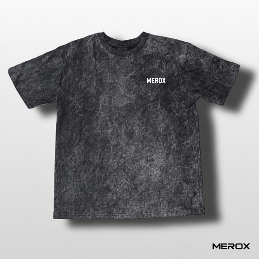 MEROX black and white acid wash T-shirt front with small white chest logo