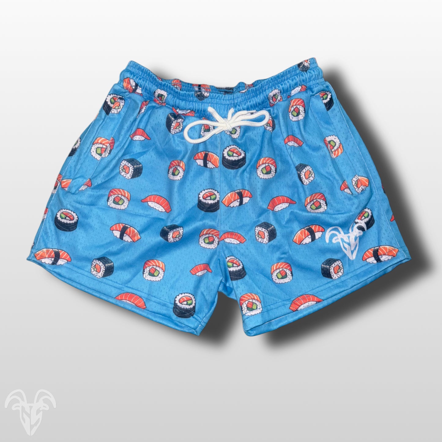 Goat Strength 5" Inseam Mesh Shorts - Sushi Themed Design - Athletic stretchy material breathable for workouts or just casual wear