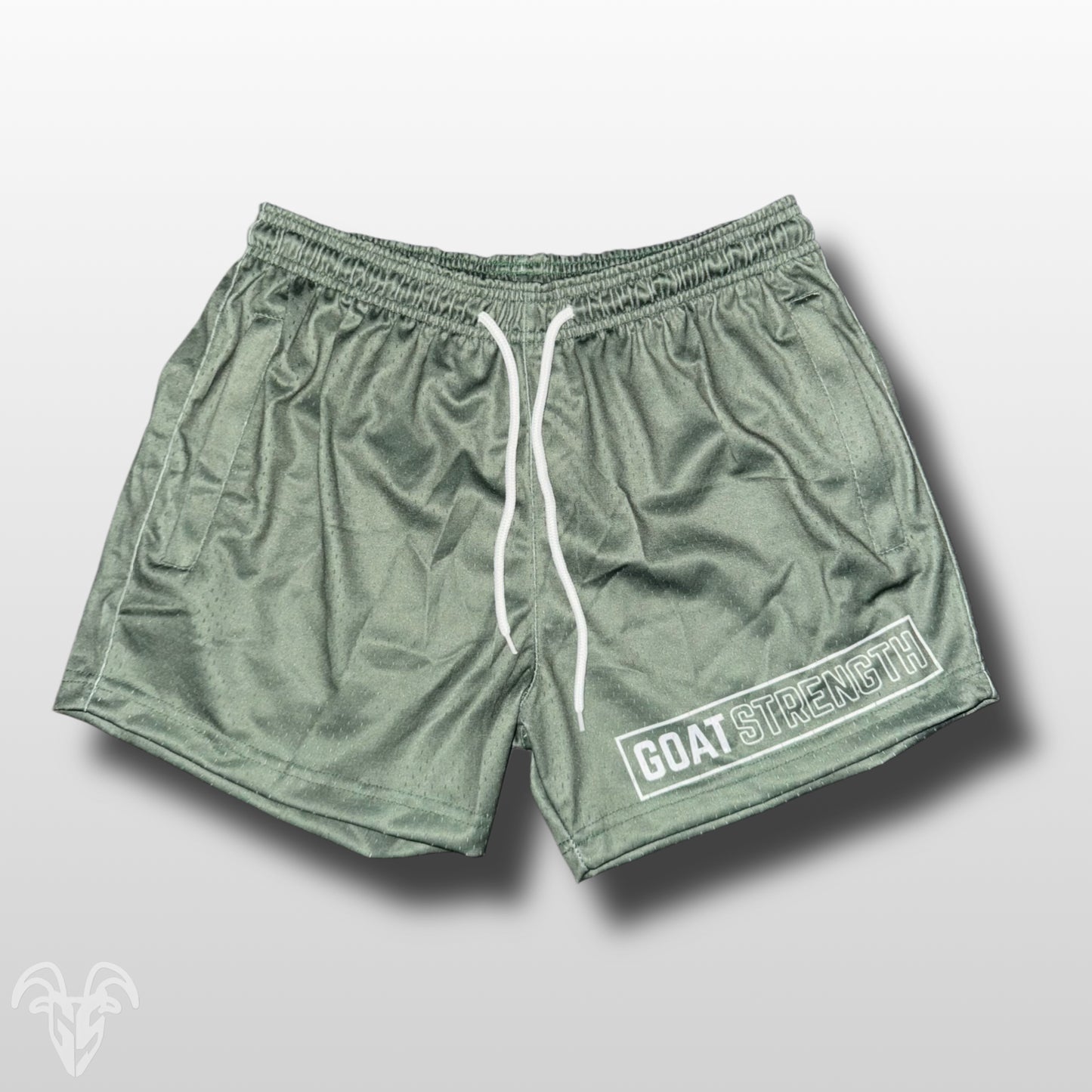 Goat Strength Olive Green Mesh Athletic Shorts – 5” Inseam with Zipper Pockets