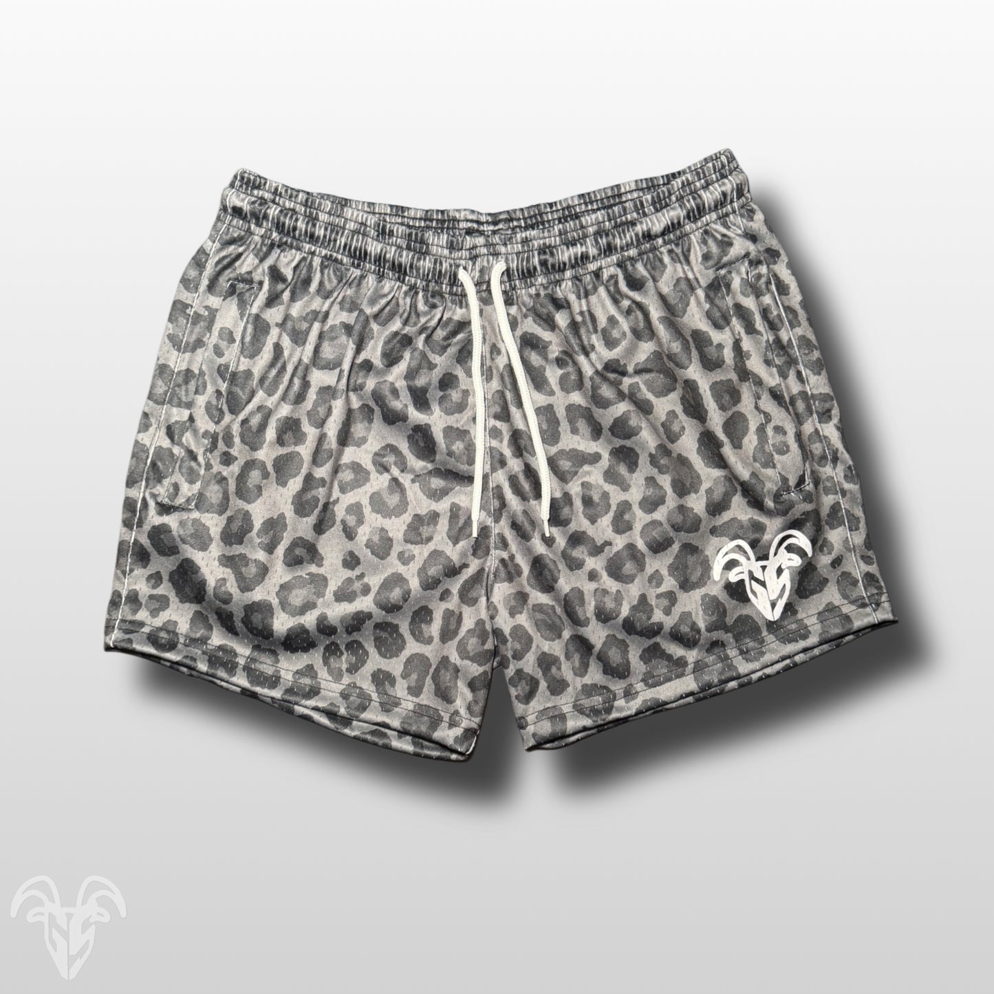 Goat Strength Dark Leopard Print Mesh Shorts – 5” Inseam Athletic Shorts with Zipper Pockets for Gym, Pickleball, Running & Everyday Wear