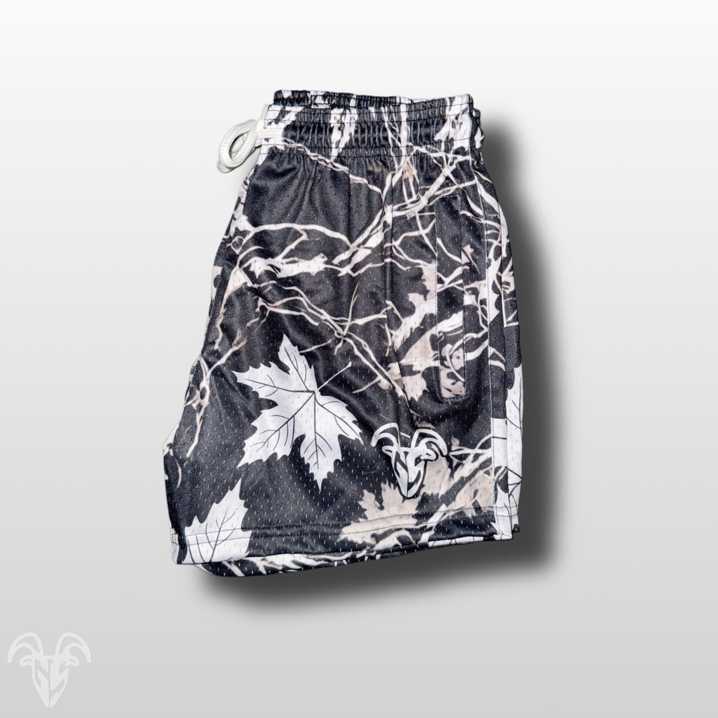 Black and White Maple Camo Goat Strength Mesh Gym Shorts - 5 inch inseam shorts- Zipper Pockets