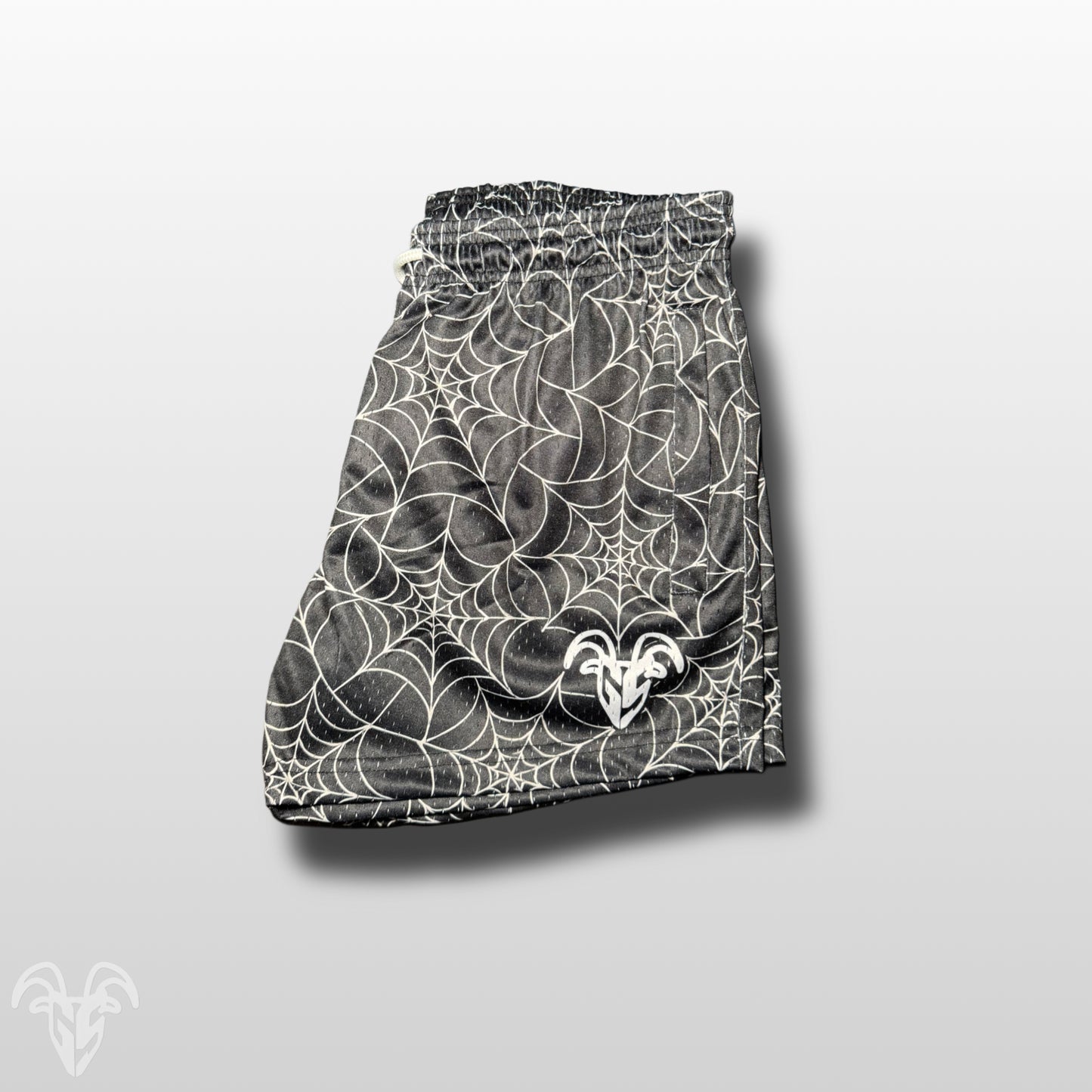 Goat Strength Spider Web Mesh Shorts – Halloween 5” Inseam Athletic Shorts with Zipper Pockets