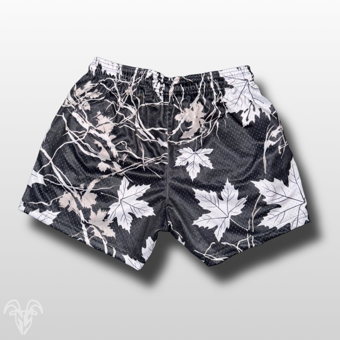 Black and White Maple Camo Goat Strength Mesh Gym Shorts - 5 inch inseam shorts- Zipper Pockets