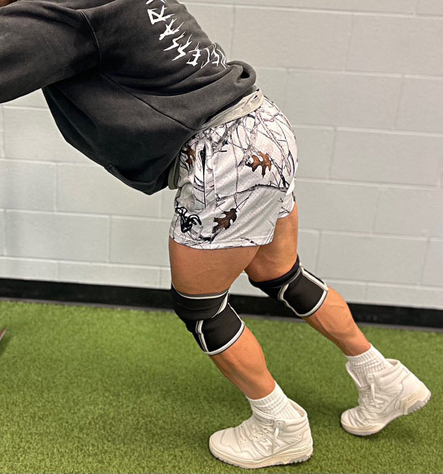 Goat Strength 5 inch inseam arctic Camo shorts | Snow Camo gym shorts | realistic white Camouflage athletic shorts - Zipper pockets - Men's Shorts