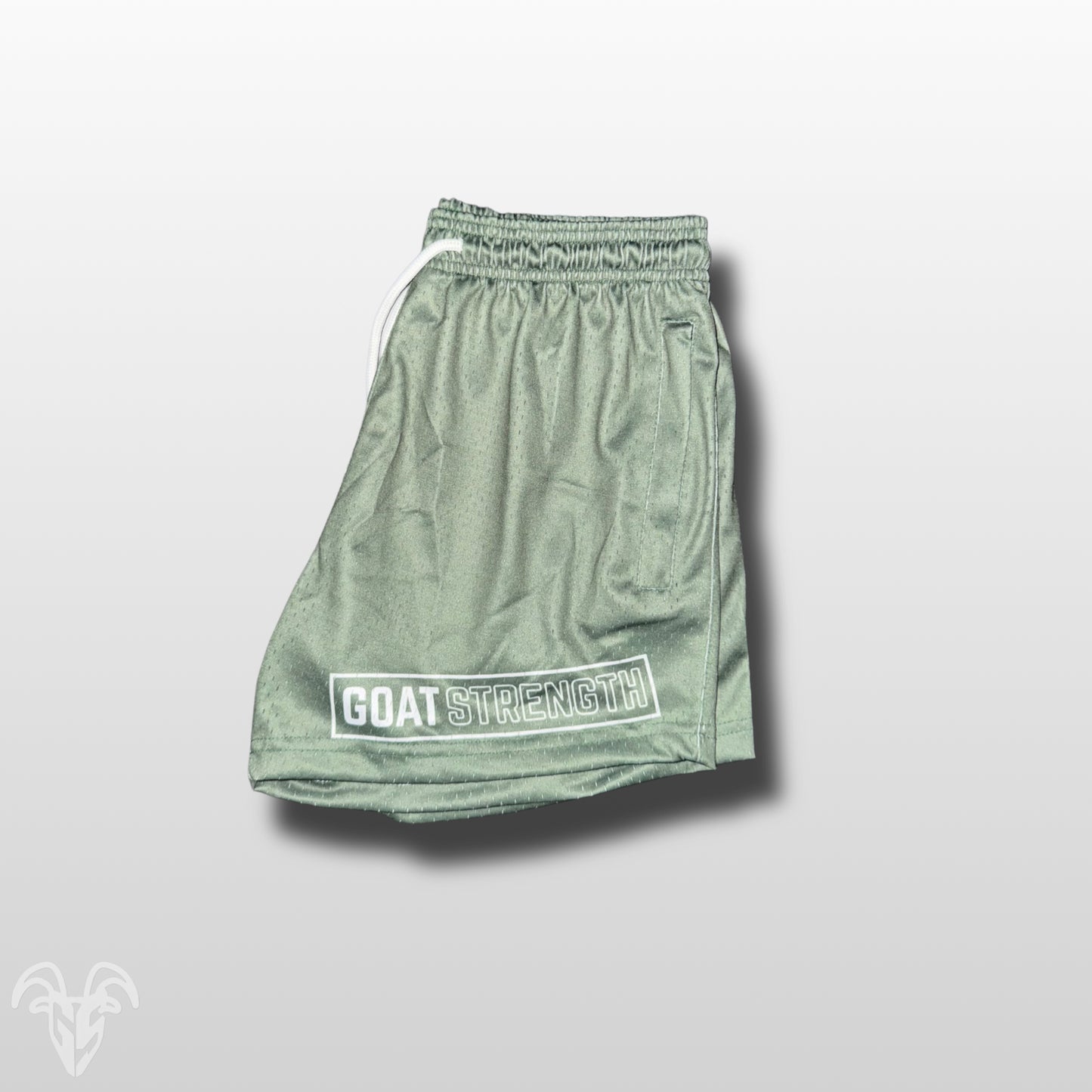 Goat Strength Olive Green Mesh Athletic Shorts – 5” Inseam with Zipper Pockets
