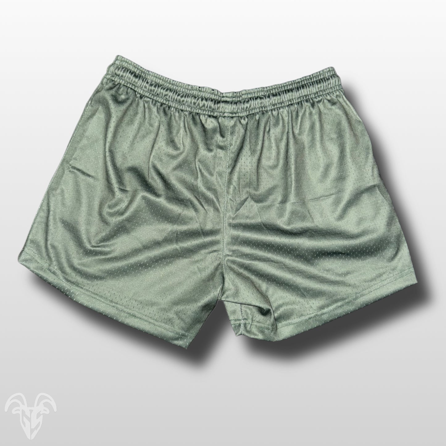 Goat Strength Olive Green Mesh Athletic Shorts – 5” Inseam with Zipper Pockets