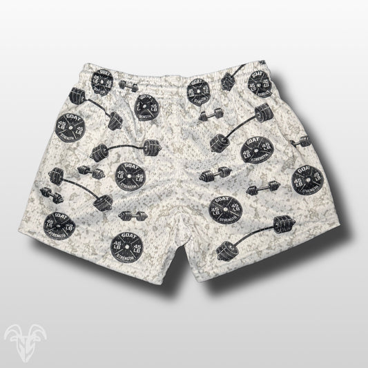 5” Inseam Mesh Shorts – Plate & Barbell Pattern – Unisex Athletic Workout Shorts