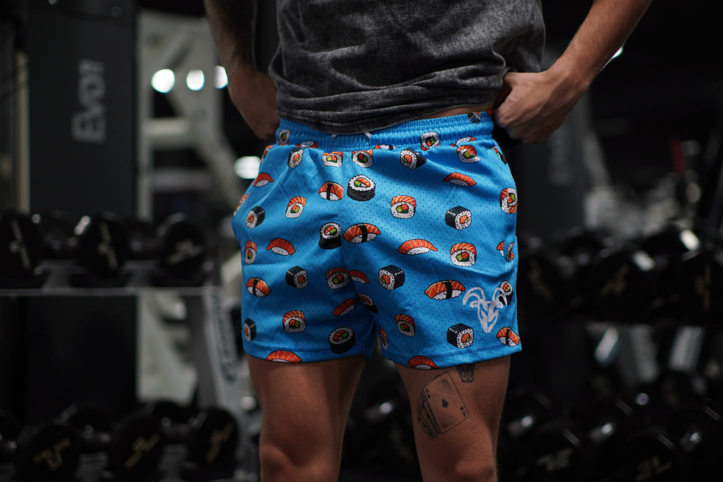 Goat Strength 5" Inseam Mesh Shorts - Sushi Themed Design - Athletic stretchy material breathable for workouts or just casual wear