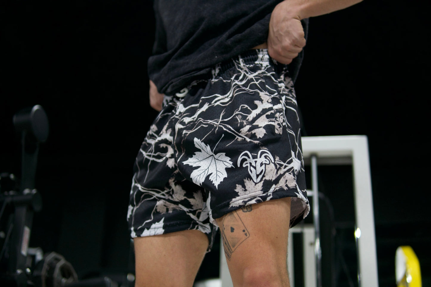 Black and White Maple Camo Goat Strength Mesh Gym Shorts - 5 inch inseam shorts- Zipper Pockets