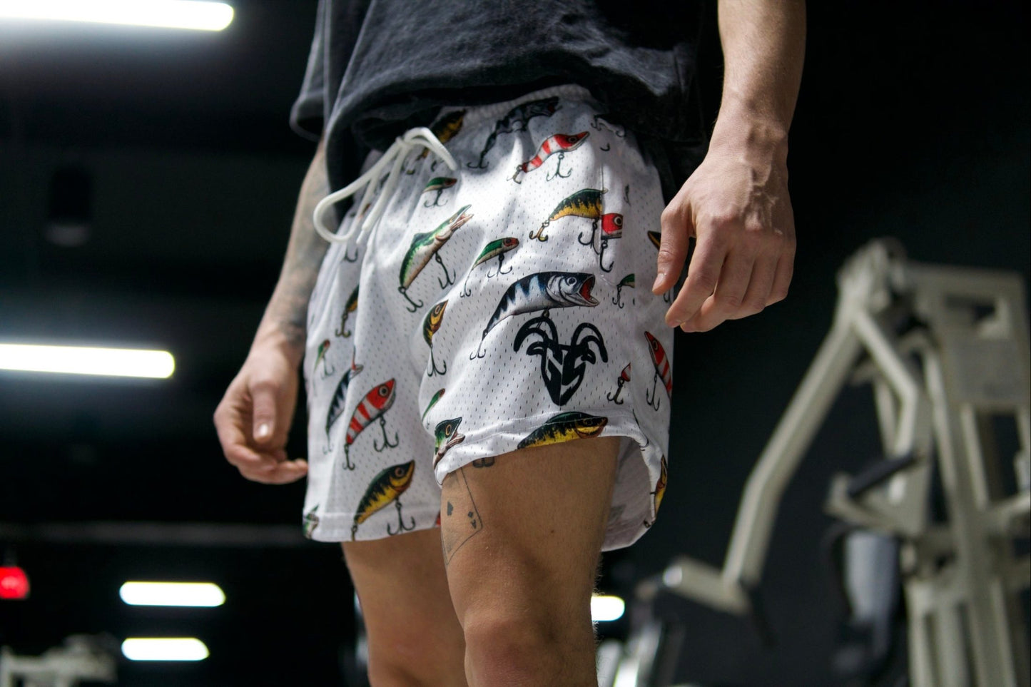 Goat Strength - Men’s 5 inch inseam shorts - Mesh athletic Fishing design shorts - Fishing lure design shorts - Zipper pockets - Men's Shorts