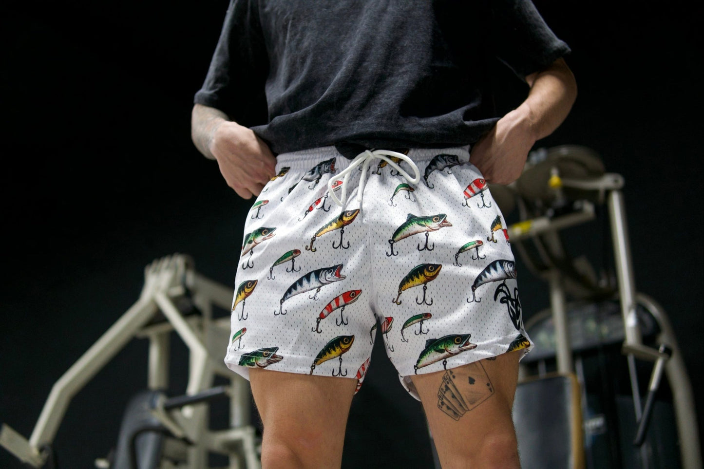 Goat Strength - Men’s 5 inch inseam shorts - Mesh athletic Fishing design shorts - Fishing lure design shorts - Zipper pockets - Men's Shorts
