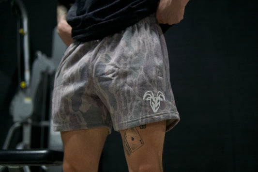 5-Inch Inseam Old School Camo Cotton Gym Shorts with Zipper Pockets - Old School Camo Design for Active Wear