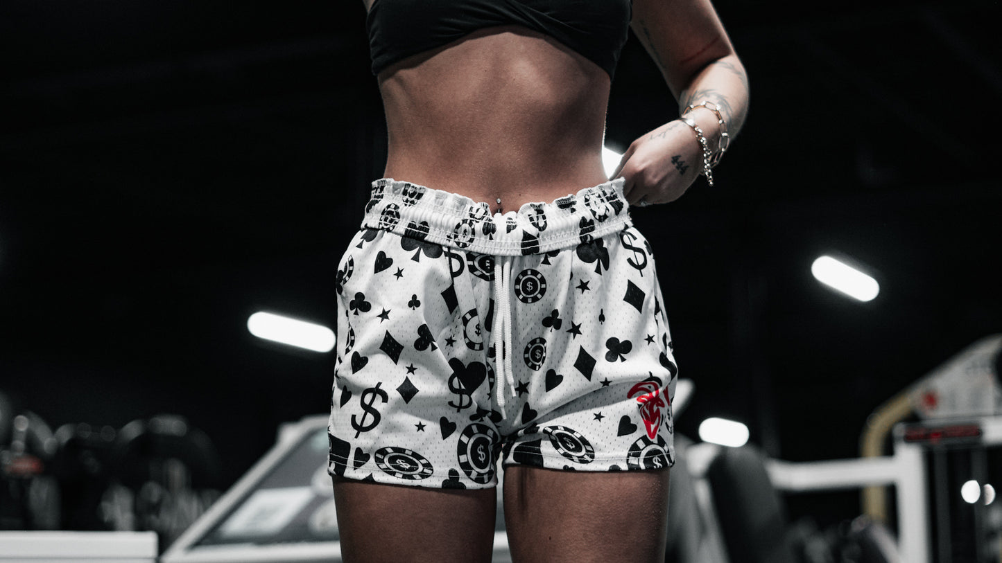 Goat Strength Casino Themed Mesh Gym Shorts - 5 inch inseam athletic shorts / graphic shorts w zipper pockets - Shorts with cards hearts poker chips