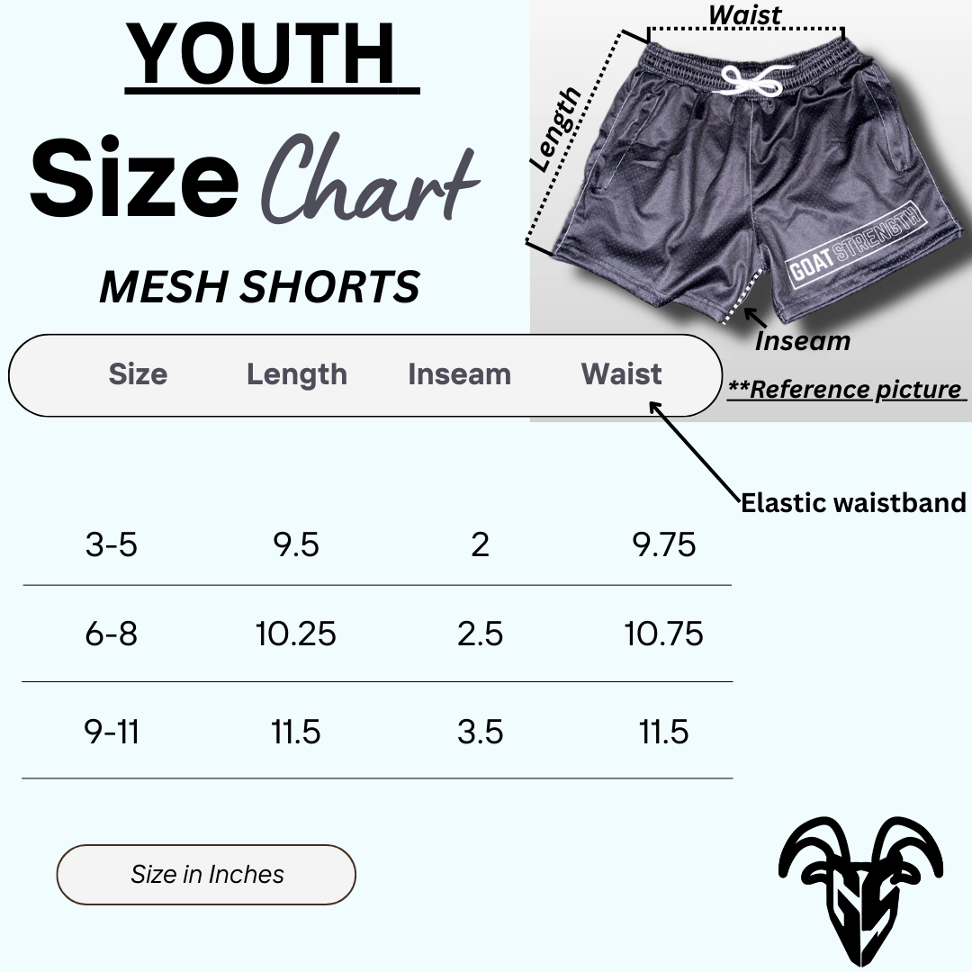GOAT Strength YOUTH Checkered Mesh Shorts Zipper Pockets PLEASE REVIEW OUR SIZING CHART