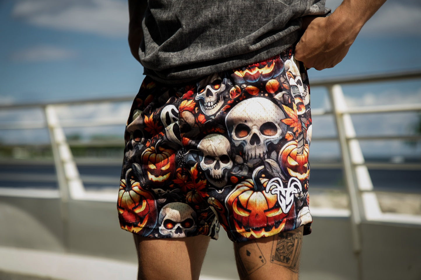 Goat Strength - Men’s 5 inch inseam shorts - Mesh athletic Skull and Jack-o-Lantern Halloween Shorts - Zipper pockets - Men's Shorts