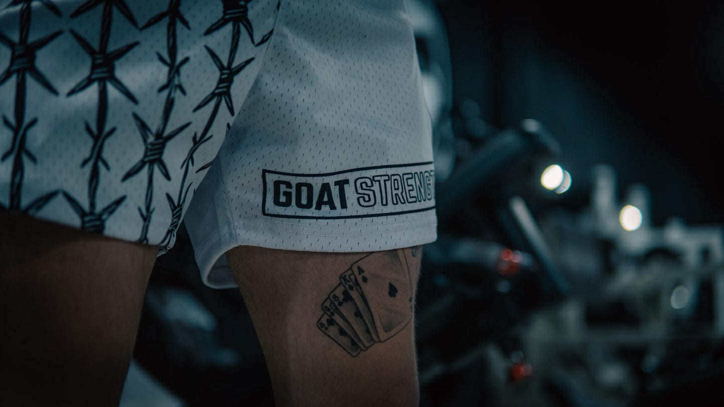 Goat Strength Half Barbed Wire Half White Shorts - 5 Inch Inseam, Breathable Elastic Workout Gym camouflage Shorts - Zipper Pockets outfits workout fit