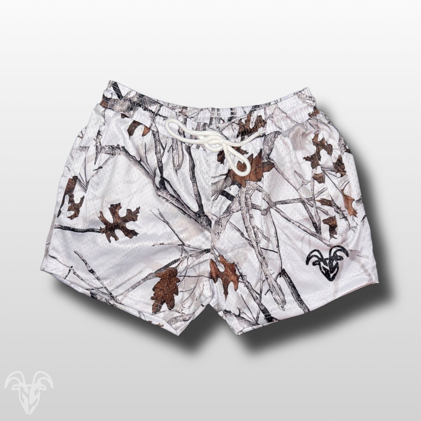 Goat Strength 5 inch inseam arctic Camo shorts | Snow Camo gym shorts | realistic white Camouflage athletic shorts - Zipper pockets - Men's Shorts