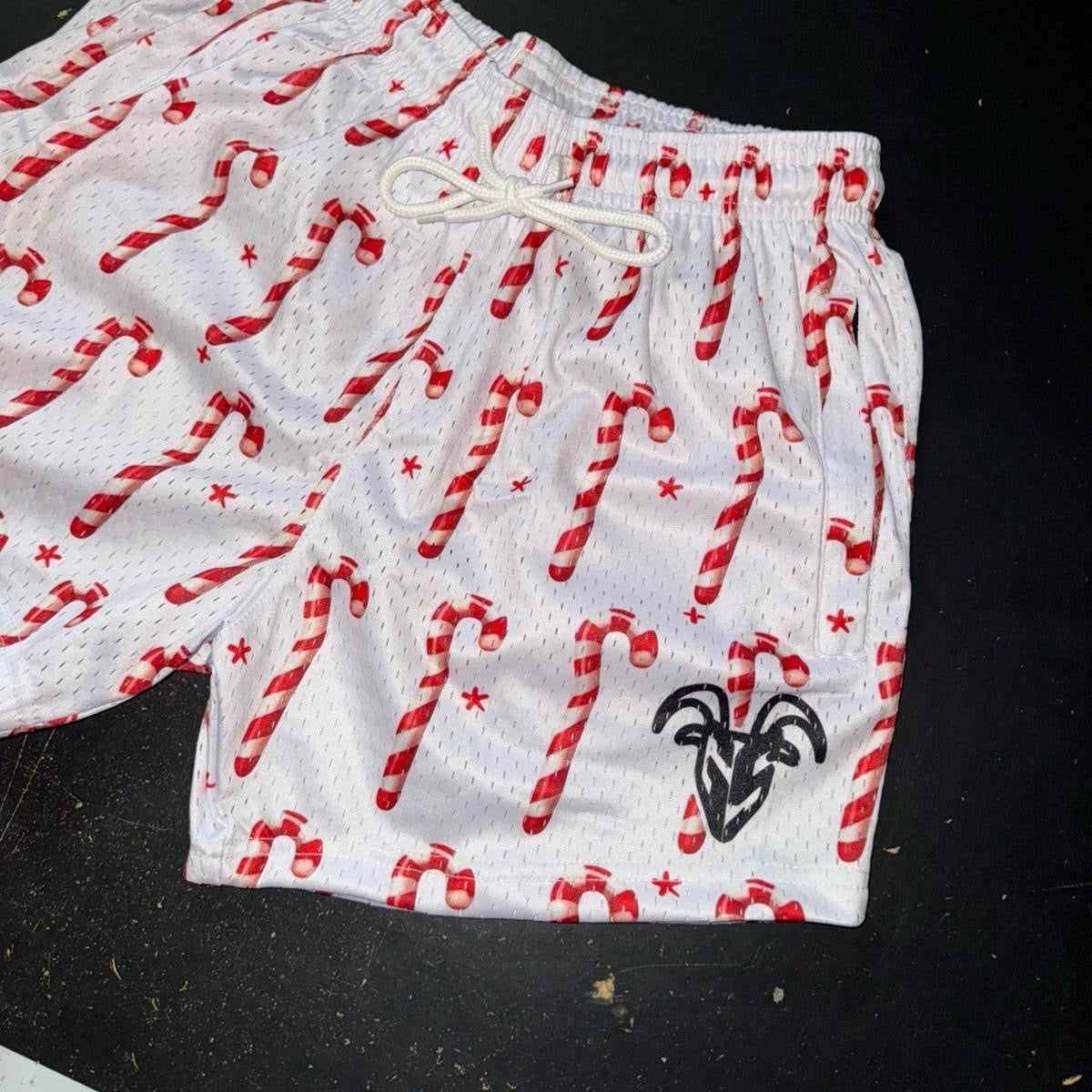 Goat Strength Christmas Candy Cane Mesh Shorts – Holiday 5” Inseam Athletic Shorts with Zipper Pockets
