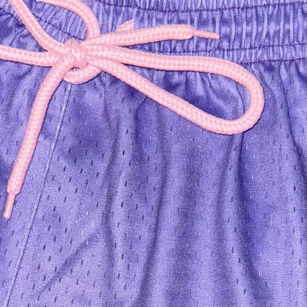 Goat Strength - Men’s Gym / Athletic Mesh 5 inch inseam Purple Shorts with Pink Laces - Zipper pockets