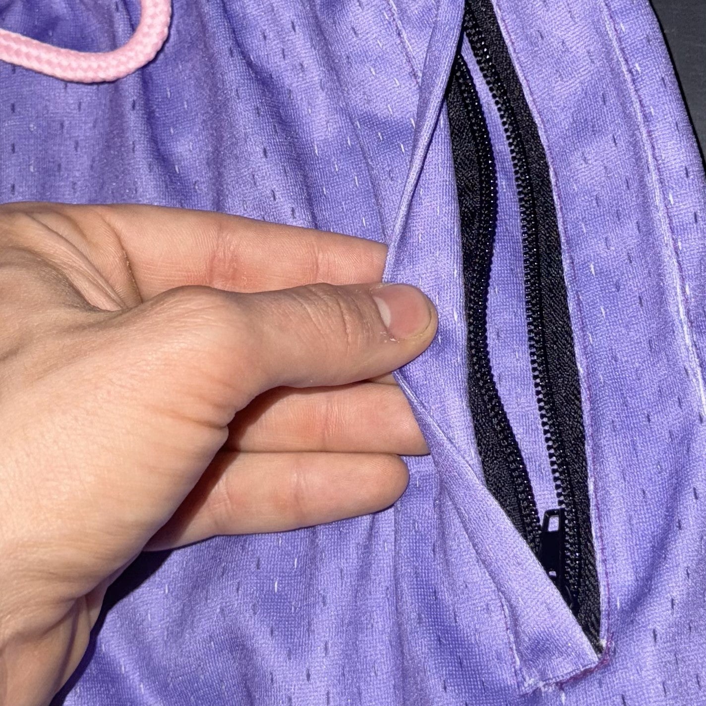 Goat Strength - Men’s Gym / Athletic Mesh 5 inch inseam Purple Shorts with Pink Laces - Zipper pockets