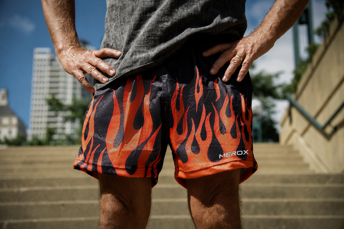 Man wearing MEROX Flame 5-inch mesh shorts