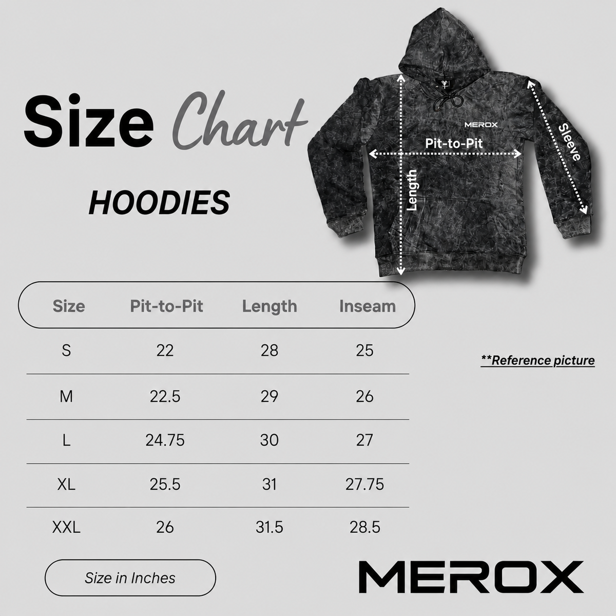 MEROX hoodie size chart