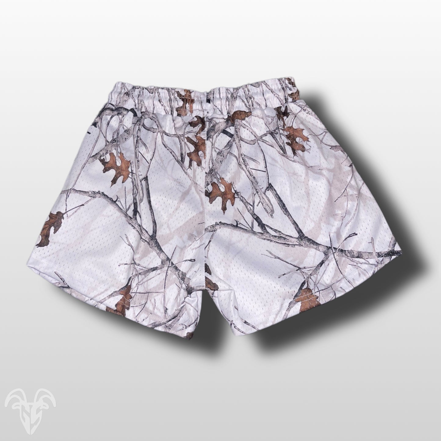 Goat Strength 5 inch inseam arctic Camo shorts | Snow Camo gym shorts | realistic white Camouflage athletic shorts - Zipper pockets - Men's Shorts