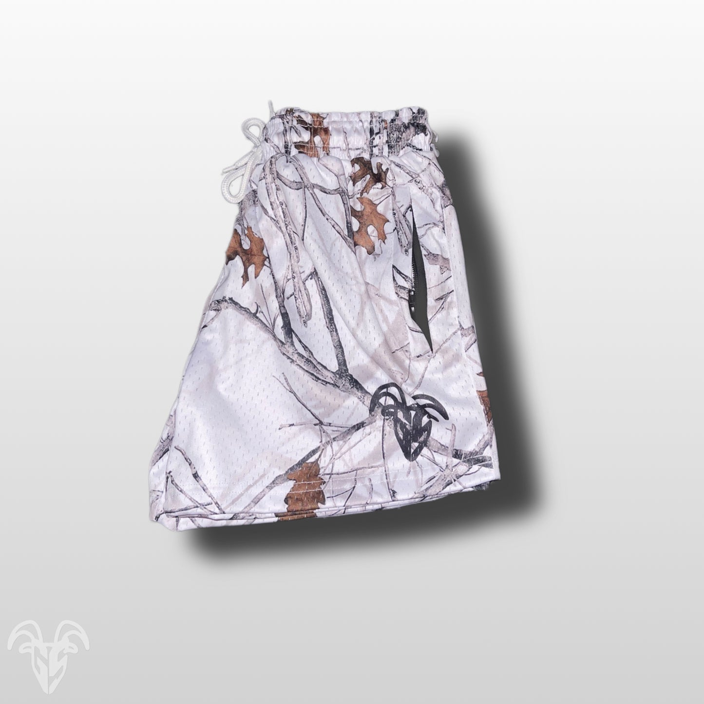 Goat Strength 5 inch inseam arctic Camo shorts | Snow Camo gym shorts | realistic white Camouflage athletic shorts - Zipper pockets - Men's Shorts