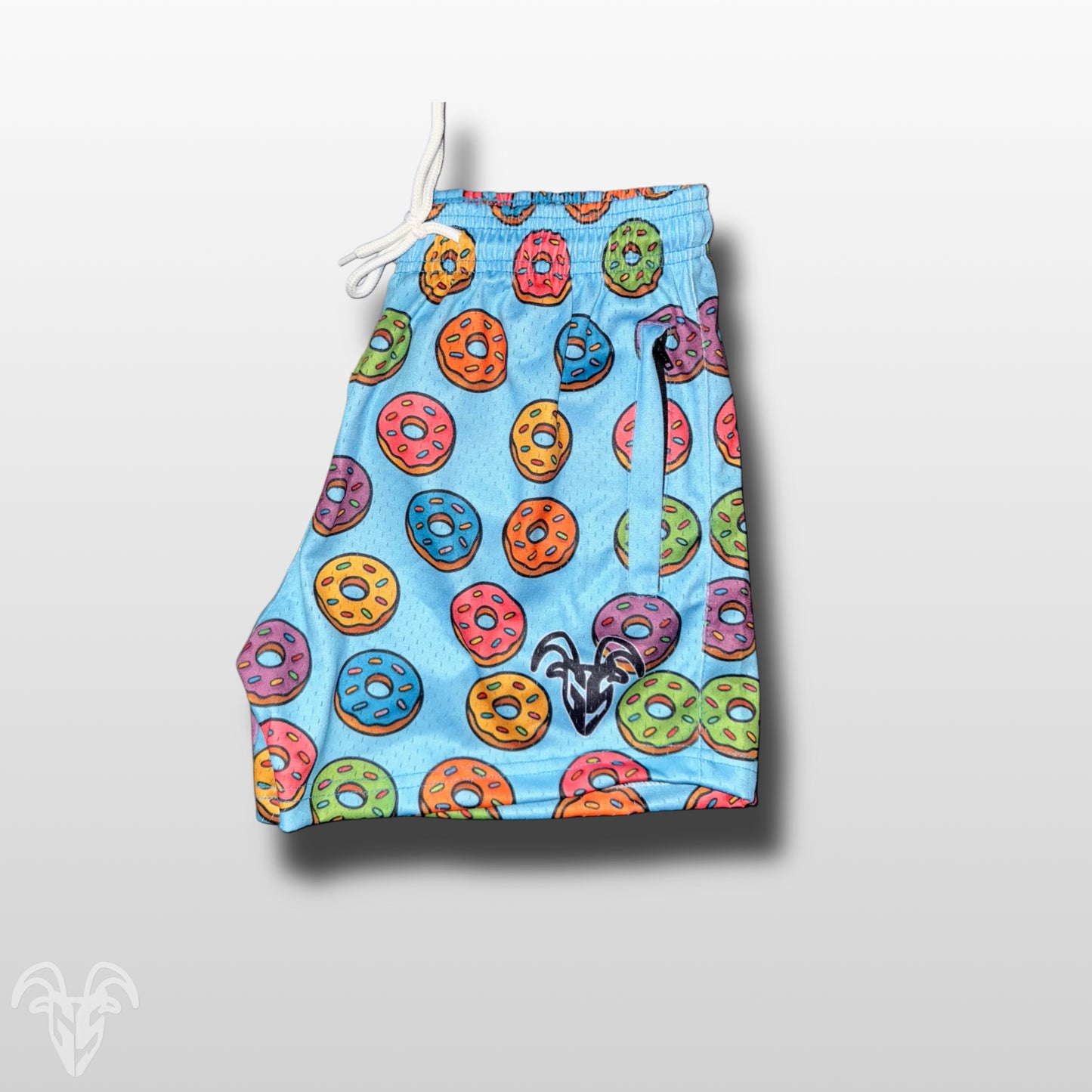 5-Inch Inseam Gym Shorts with Zipper Pockets - Stylish Multicolor Cartoon Donut Pattern Design for Active Wear