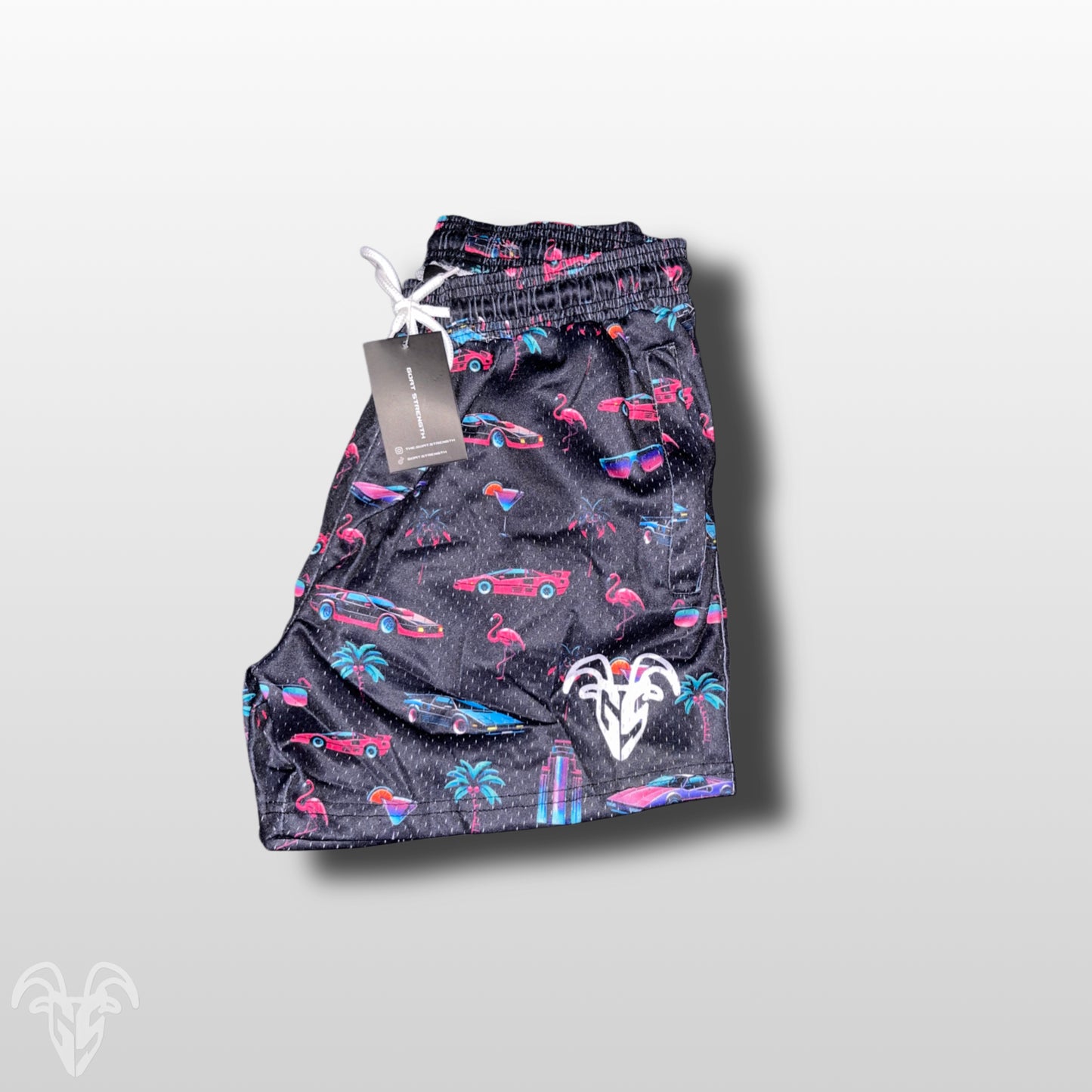 Goat Strength 5" Inseam Mesh Shorts - Miami Vice Themed Design - Athletic stretchy material breathable for workouts or just casual wear