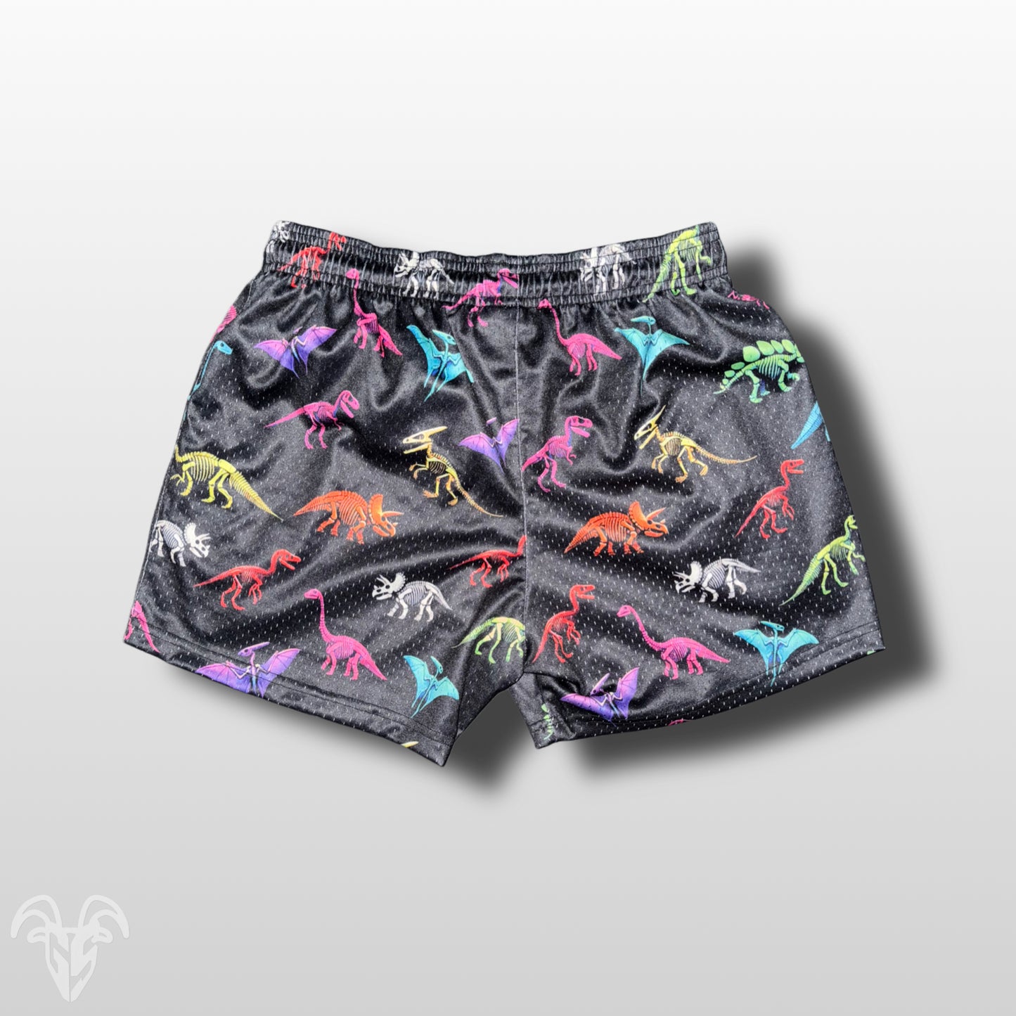 Goat Strength 5" Inseam Mesh Shorts - Dinosaur Themed Design - Athletic stretchy material breathable for workouts or just casual wear