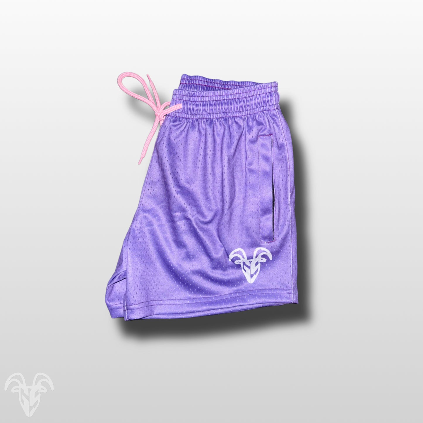 Goat Strength - Men’s Gym / Athletic Mesh 5 inch inseam Purple Shorts with Pink Laces - Zipper pockets