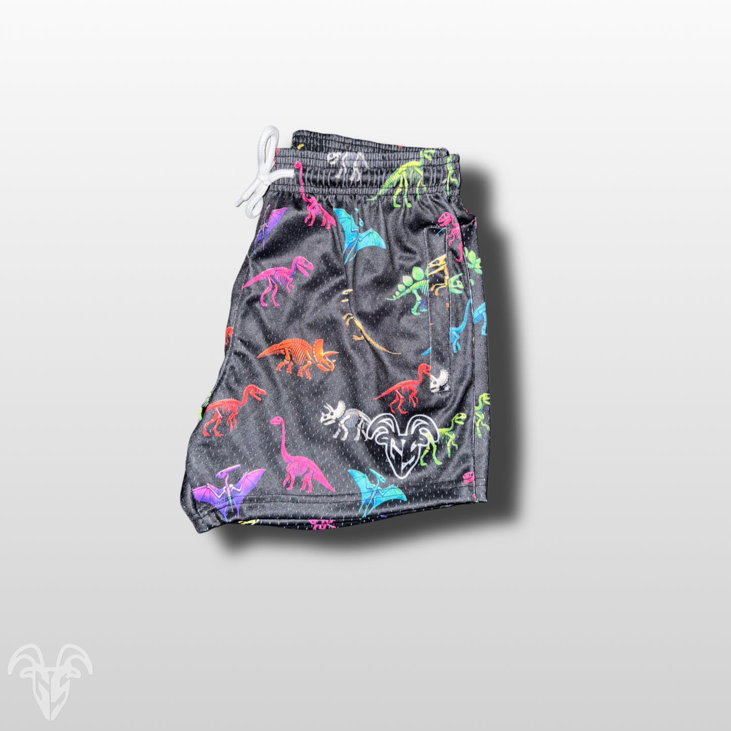Goat Strength 5" Inseam Mesh Shorts - Dinosaur Themed Design - Athletic stretchy material breathable for workouts or just casual wear