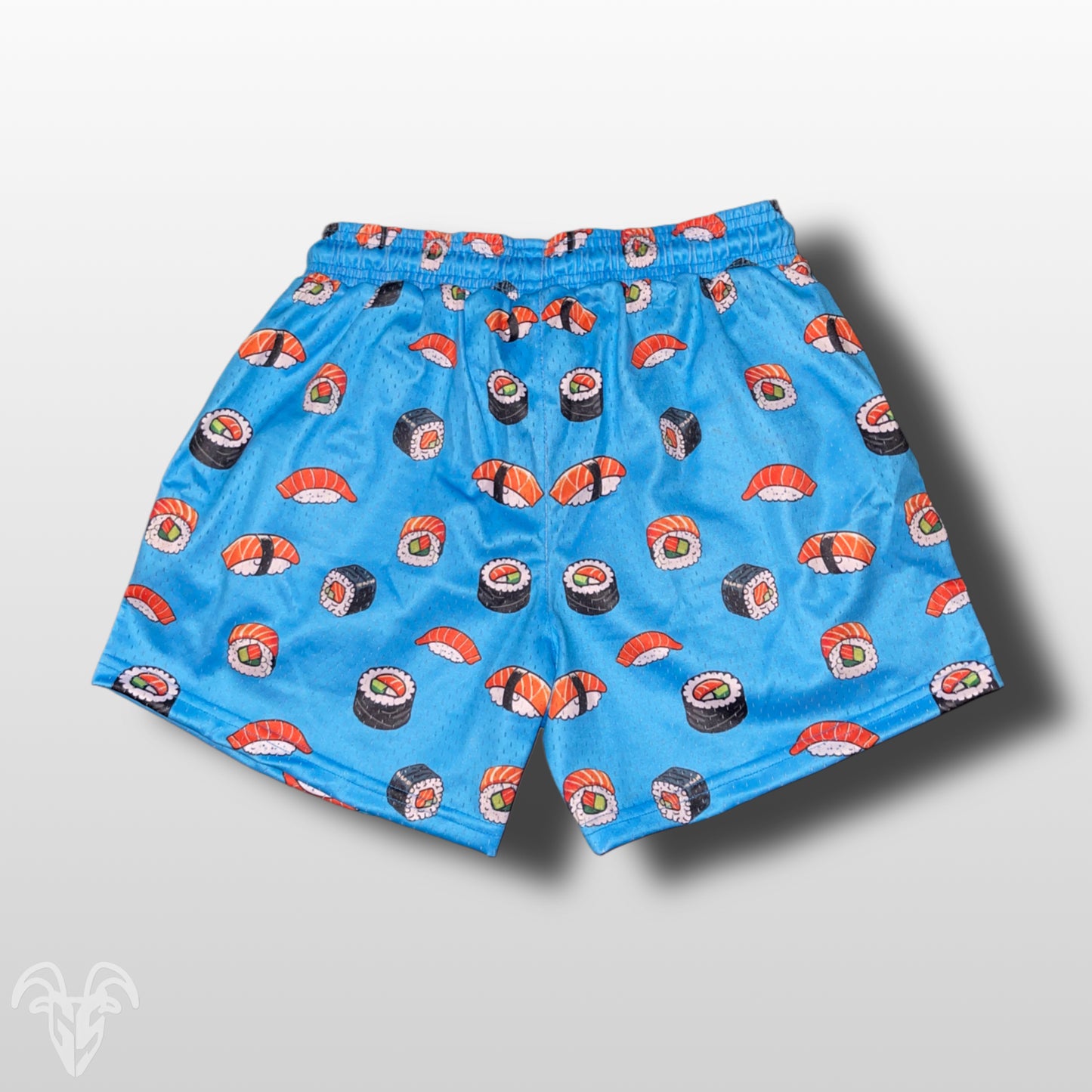 Goat Strength 5" Inseam Mesh Shorts - Sushi Themed Design - Athletic stretchy material breathable for workouts or just casual wear
