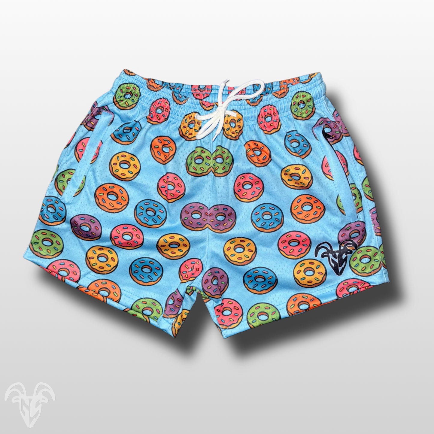 5-Inch Inseam Gym Shorts with Zipper Pockets - Stylish Multicolor Cartoon Donut Pattern Design for Active Wear