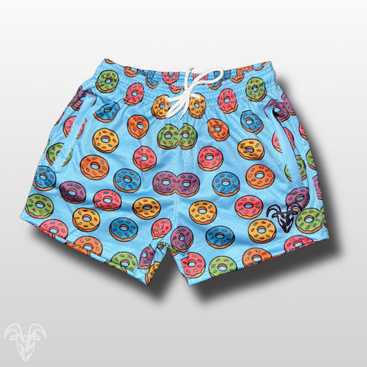 5-Inch Inseam Gym Shorts with Zipper Pockets - Stylish Multicolor Cartoon Donut Pattern Design for Active Wear