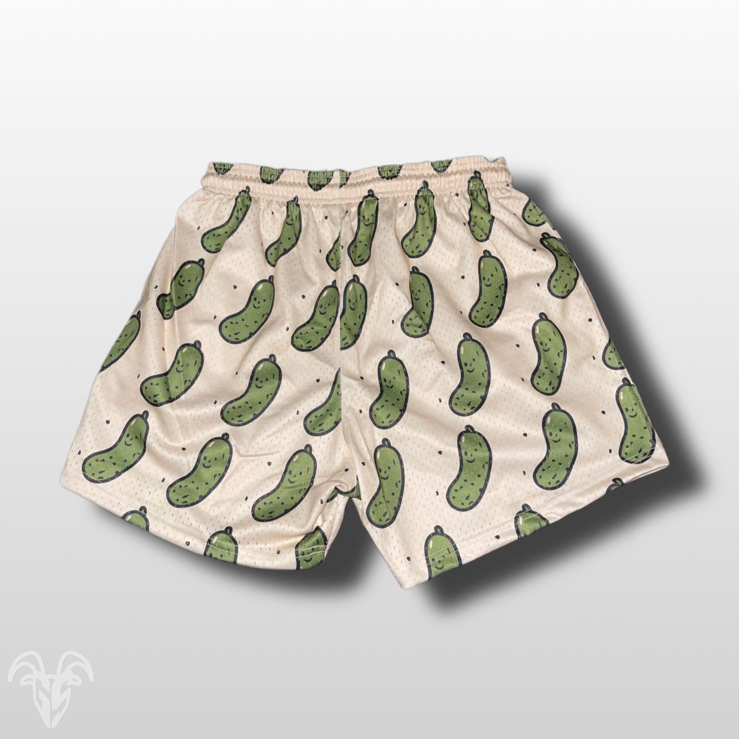Goat Strength Unisex 5-Inch Inseam Mesh Shorts with Zipper Pockets - Funny Pickle Design for Gym, Workout, & Casual Wear