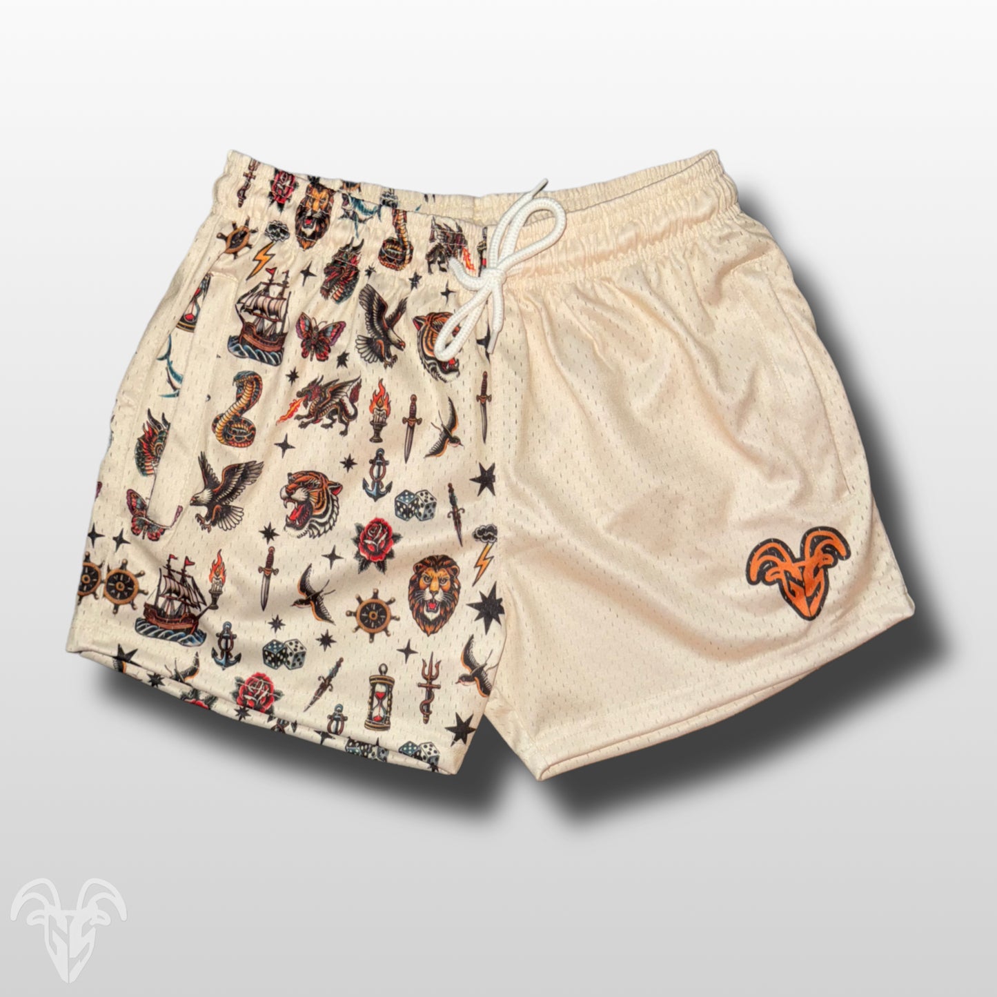 Goat Strength Half Cream Color Wire Half Traditional Tattoo Design Pattern Shorts - 5 Inch Inseam, Breathable Elastic Workout Gym Shorts - Zipper Pockets outfits workout fit