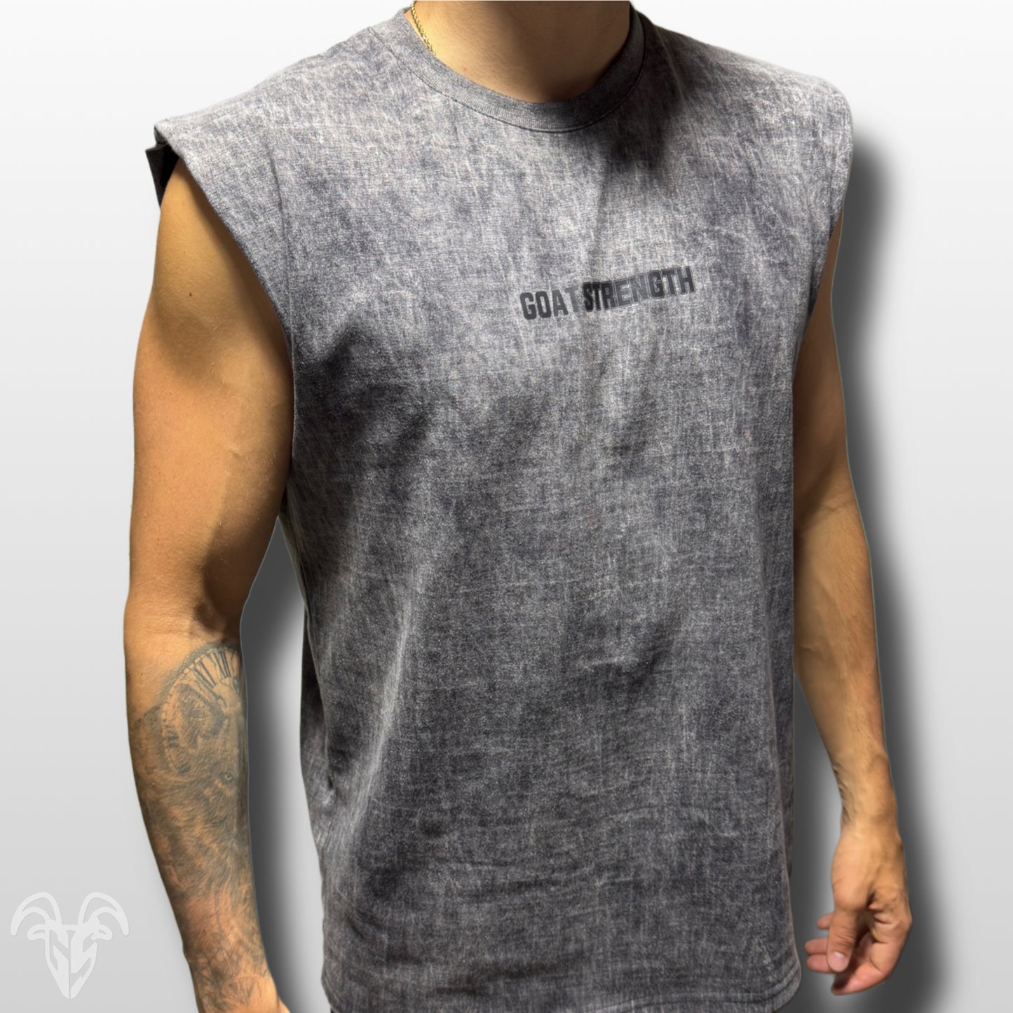 Goat Strength Black & White Washed Cotton Cutoff - Premium Quality Tank Top T-Shirt for Casual Wear & Athletic Activities - Gym Pump Cover with over the shoulder Acid Wash Tank Cut-Off
