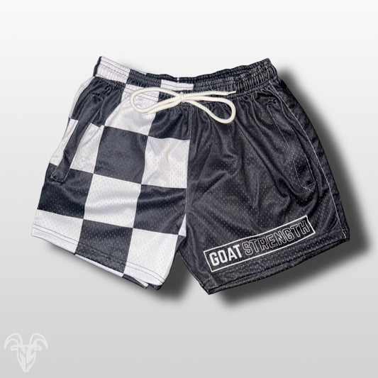 Goat Strength Half Checkered Half Black Shorts - 5 Inch Inseam, Breathable Elastic Workout Shorts - Zipper Pockets outfits workout fit