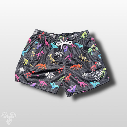 Goat Strength 5" Inseam Mesh Shorts - Dinosaur Themed Design - Athletic stretchy material breathable for workouts or just casual wear