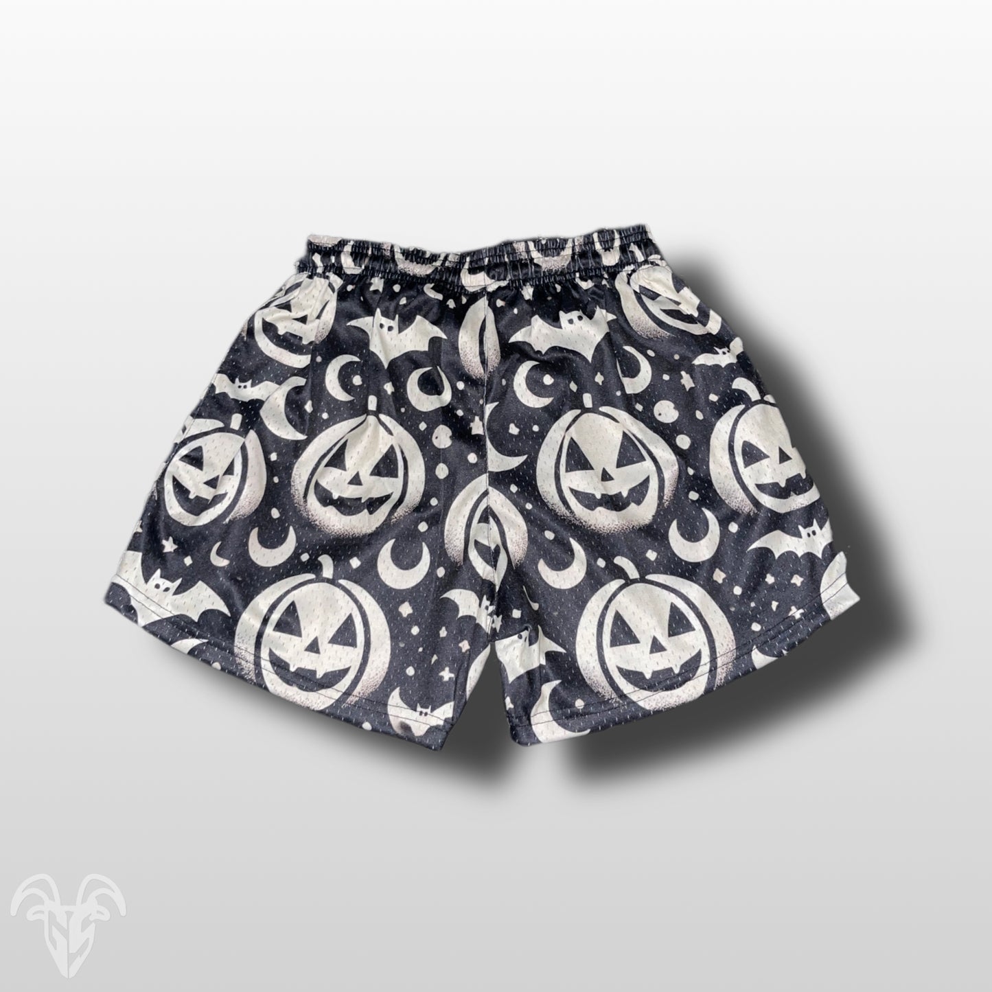 Goat Strength - Men’s 5 inch inseam shorts - Mesh athletic White Moon and Jack-o-Lantern Halloween Shorts - Zipper pockets - Men's Shorts