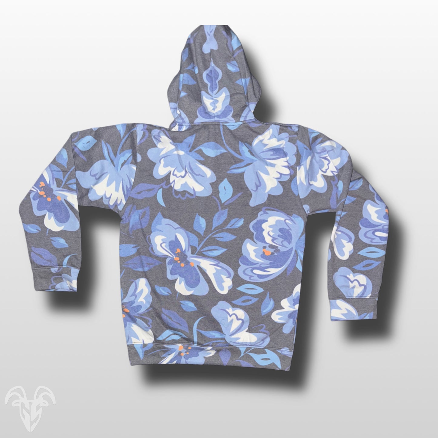 Goat Strength Blue Floral Pattern Hoodie - White Washed Acid Washed Sweater for Men & Women Sweaters, Realistic Floral Design Cotton Blend
