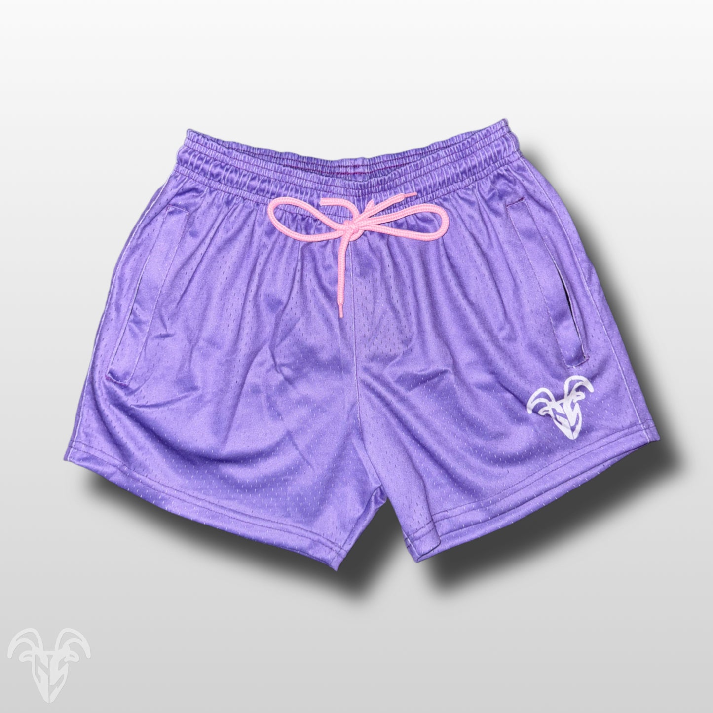 Goat Strength - Men’s Gym / Athletic Mesh 5 inch inseam Purple Shorts with Pink Laces - Zipper pockets