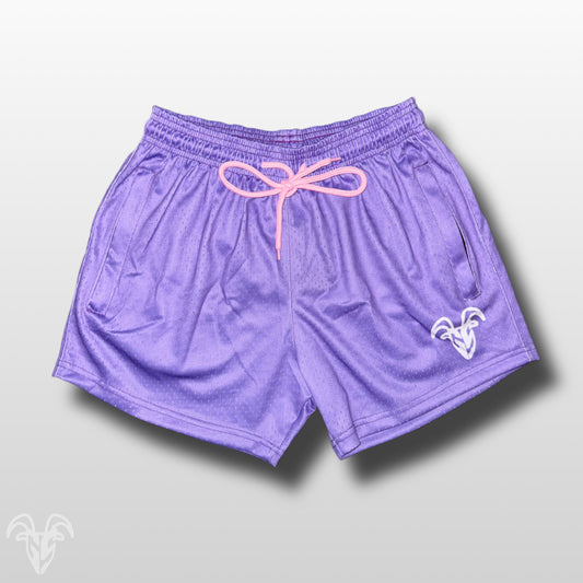 Goat Strength - Men’s Gym / Athletic Mesh 5 inch inseam Purple Shorts with Pink Laces - Zipper pockets