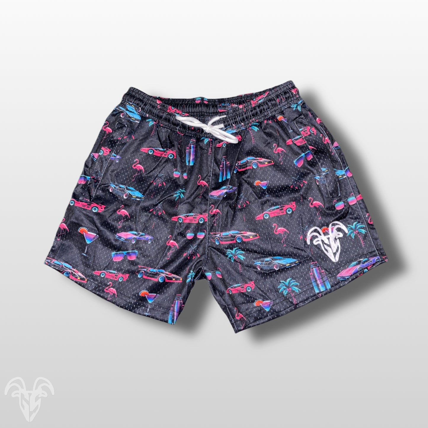 Goat Strength 5" Inseam Mesh Shorts - Miami Vice Themed Design - Athletic stretchy material breathable for workouts or just casual wear