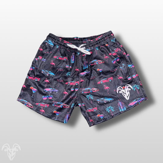 Goat Strength 5" Inseam Mesh Shorts - Miami Vice Themed Design - Athletic stretchy material breathable for workouts or just casual wear