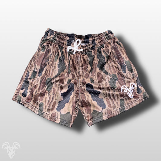 Goat Strength - Men’s 5 inch inseam shorts - Mesh athletic Old School Camo Shorts - Zipper pockets - Men's Shorts