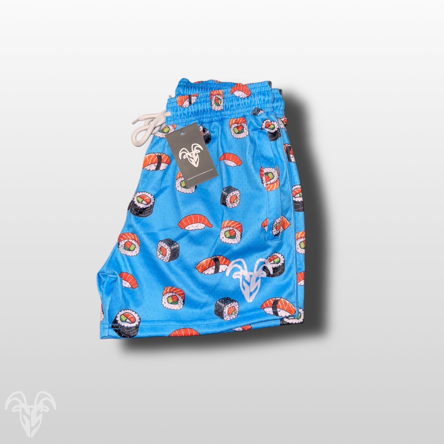 Goat Strength 5" Inseam Mesh Shorts - Sushi Themed Design - Athletic stretchy material breathable for workouts or just casual wear