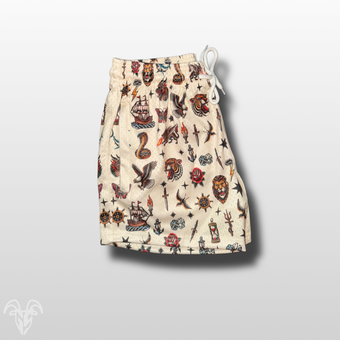 Goat Strength Half Cream Color Wire Half Traditional Tattoo Design Pattern Shorts - 5 Inch Inseam, Breathable Elastic Workout Gym Shorts - Zipper Pockets outfits workout fit